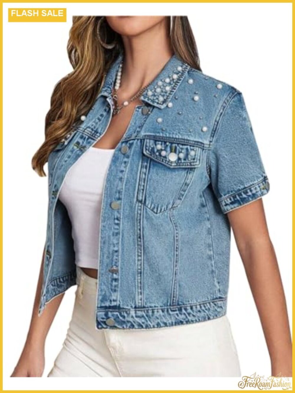 Cropped Denim Jacket with Pearls Short Sleeve Women's Casual Jean Coat